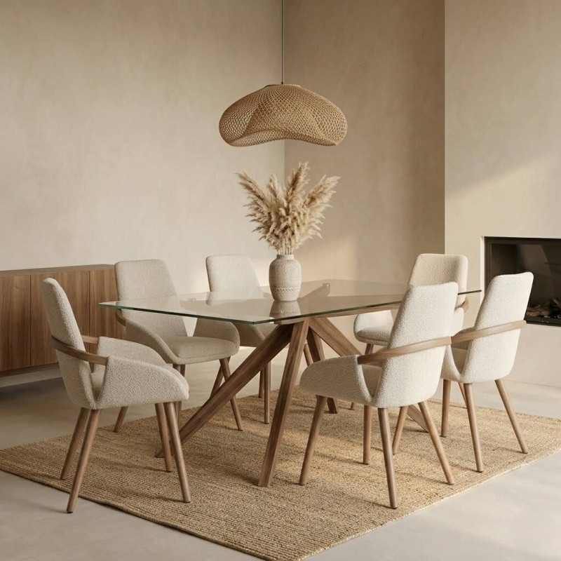 Mesa de comedor cristal templado y patas nogal (160x90x76cm)