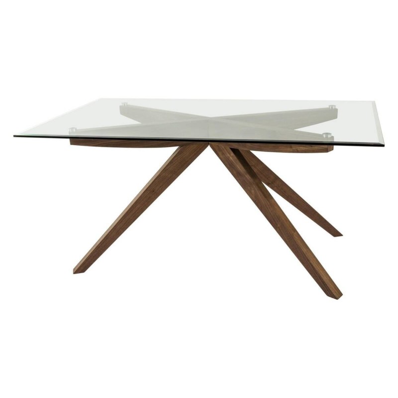 Mesa de comedor cristal templado y patas nogal (160x90x76cm)