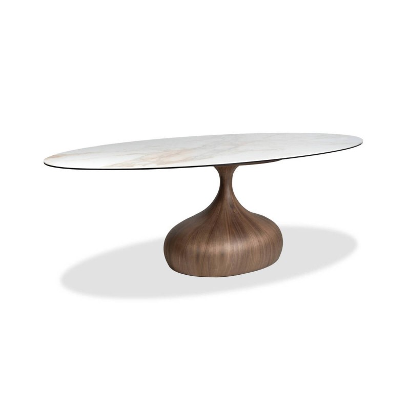 Mesa de comedor ovalada kaura de cerámica blanca y base de madera nogal 240cm