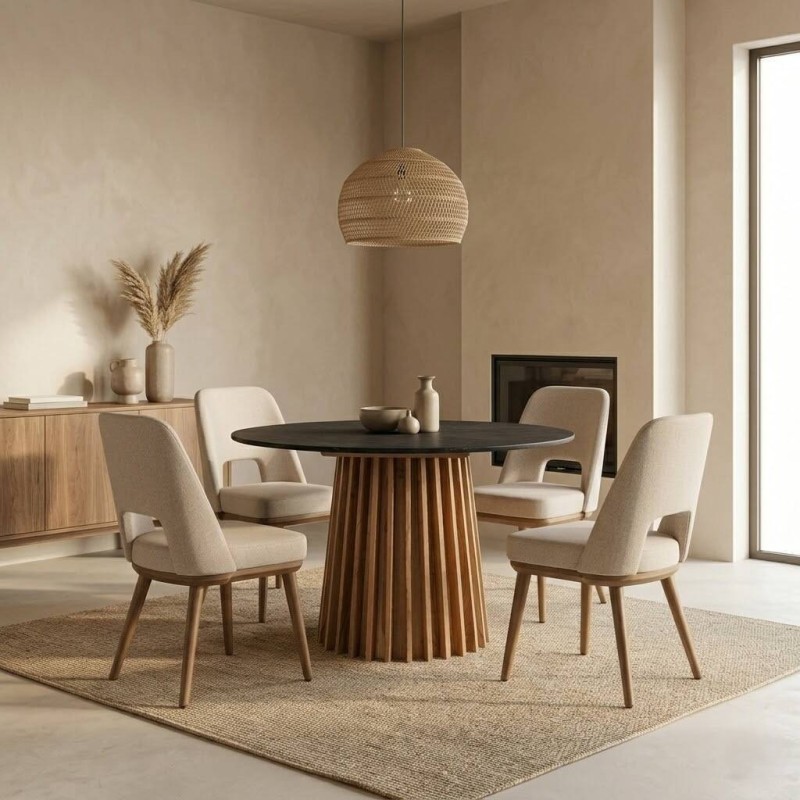 Mesa de comedor redonda de acacia y tapa de mármol negro 120x76cm