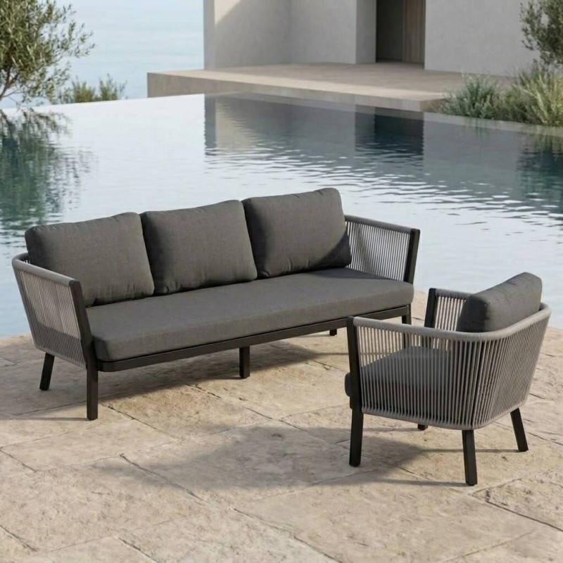 Sofá sofia de exterior 3 plazas de aluminio y cuerda entrelazada 224x82x70