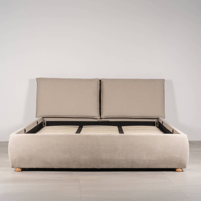 Cama con Canapé Sela Tapizada en Lino Beige para Colchón 180x200 cm
