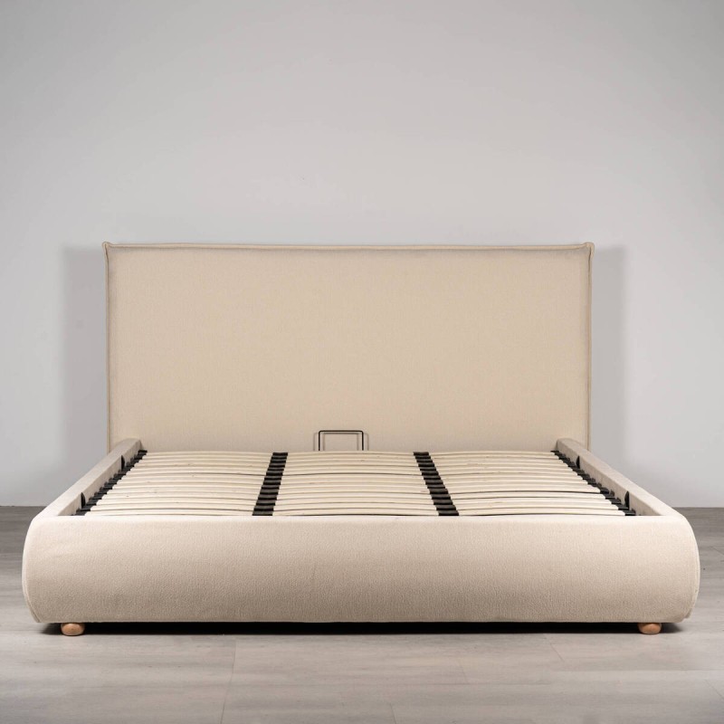 Cama con canapé Varen Tapizada en Chenilla Beige para colchón 180x200 cm