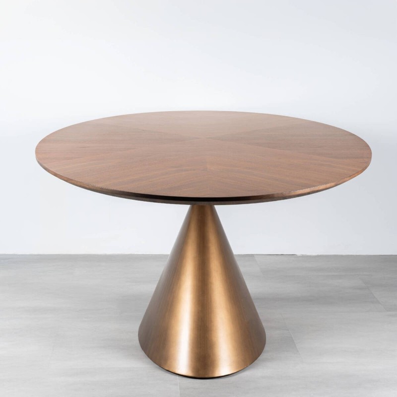 Mesa de comedor  Atria ovalada en nogal con base metálica bronce