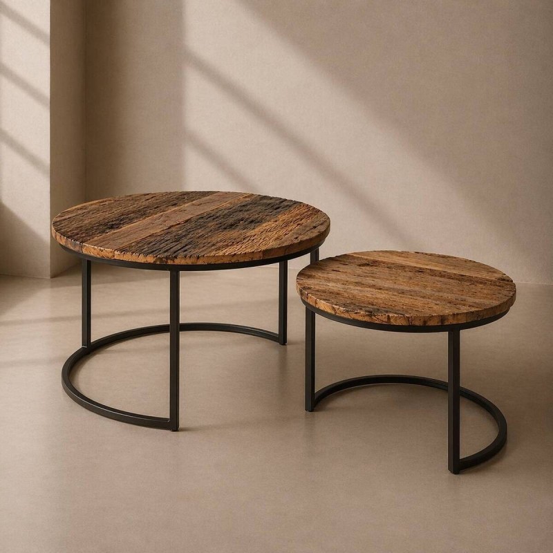 Set de dos mesas nido redondas surat madera reciclada 75x75cm 60x60cm