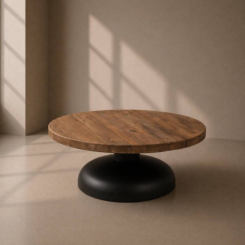 Mesa de centro aurona con tapa de pino reciclado y base negra 99x35cm