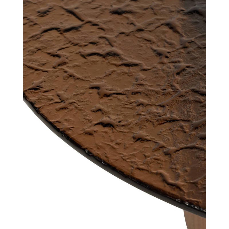 MESA DE CENTRO AUREA REDONDA CON TAPA DE CRISTAL TEXTURIZADO Y BASE DE NOGAL