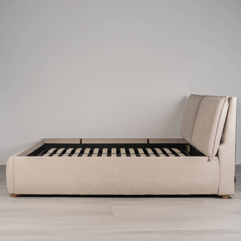 Cama con Canapé Sela Tapizada en Lino Beige para Colchón 180x200 cm
