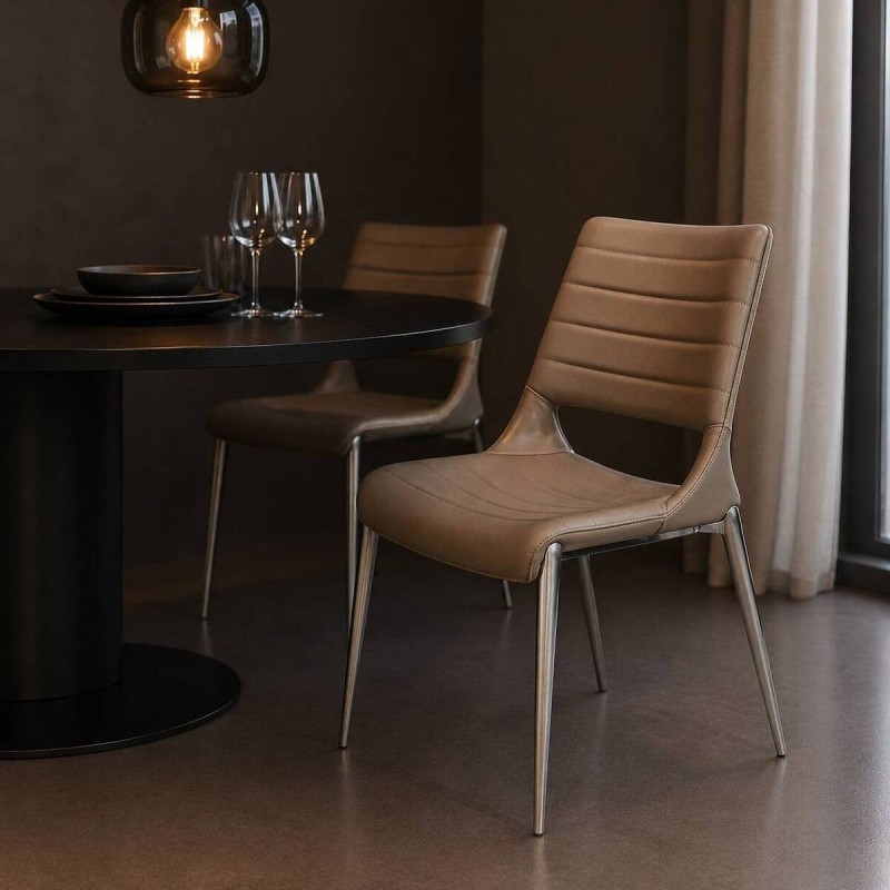 SILLA DE COMEDOR POLIPIEL GRIS PIEDRA - ACERO CEPILLADO (50x58x90cm)