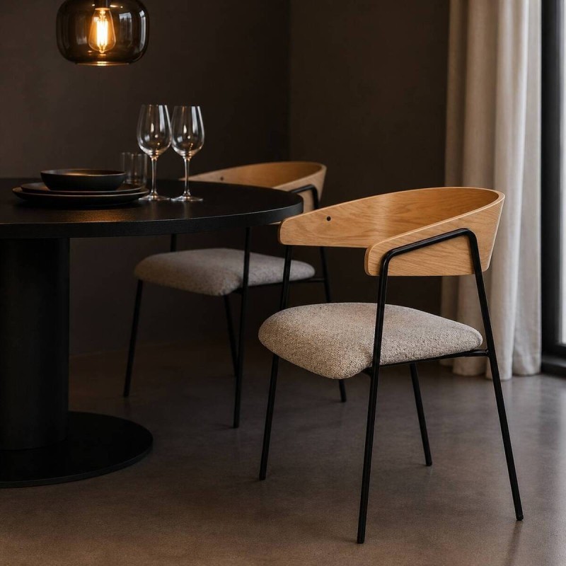 Silla de comedor Herve Oak tapizada blanca y madera clara 52x52x75cm