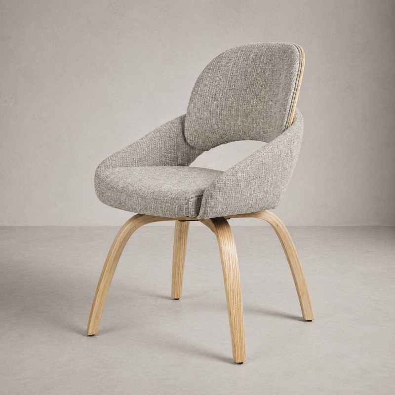 Silla de comedor Nur giratoria tapizada con patas curvadas de madera y respaldo de roble