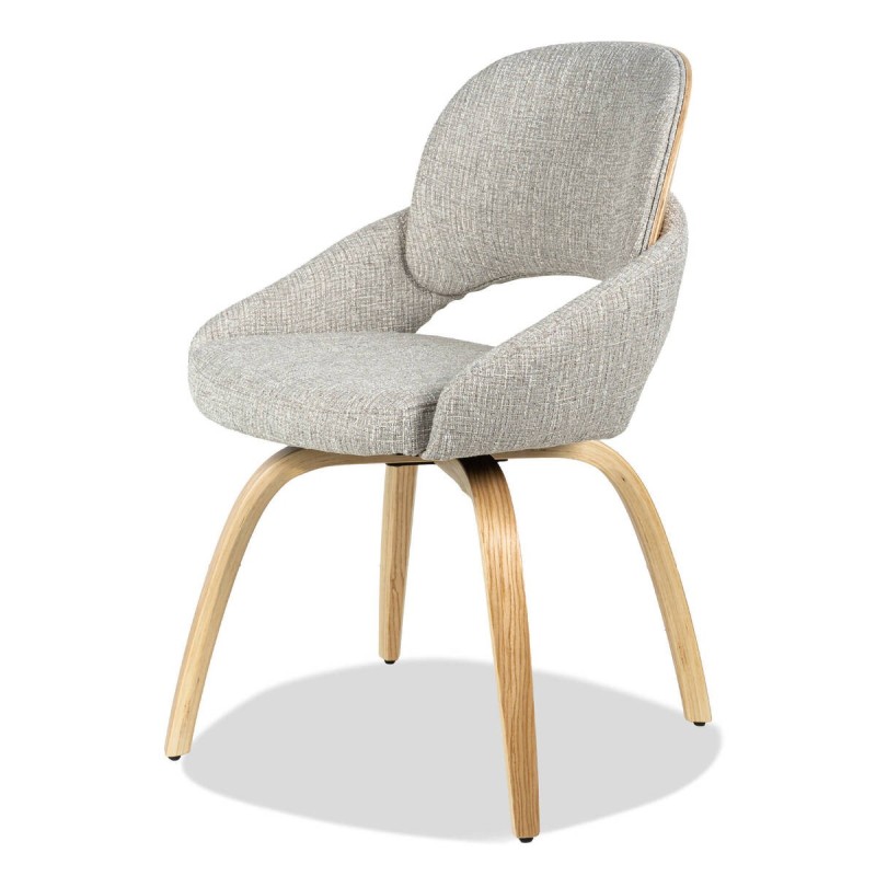 Silla de comedor Nur giratoria tapizada con patas curvadas de madera y respaldo de roble