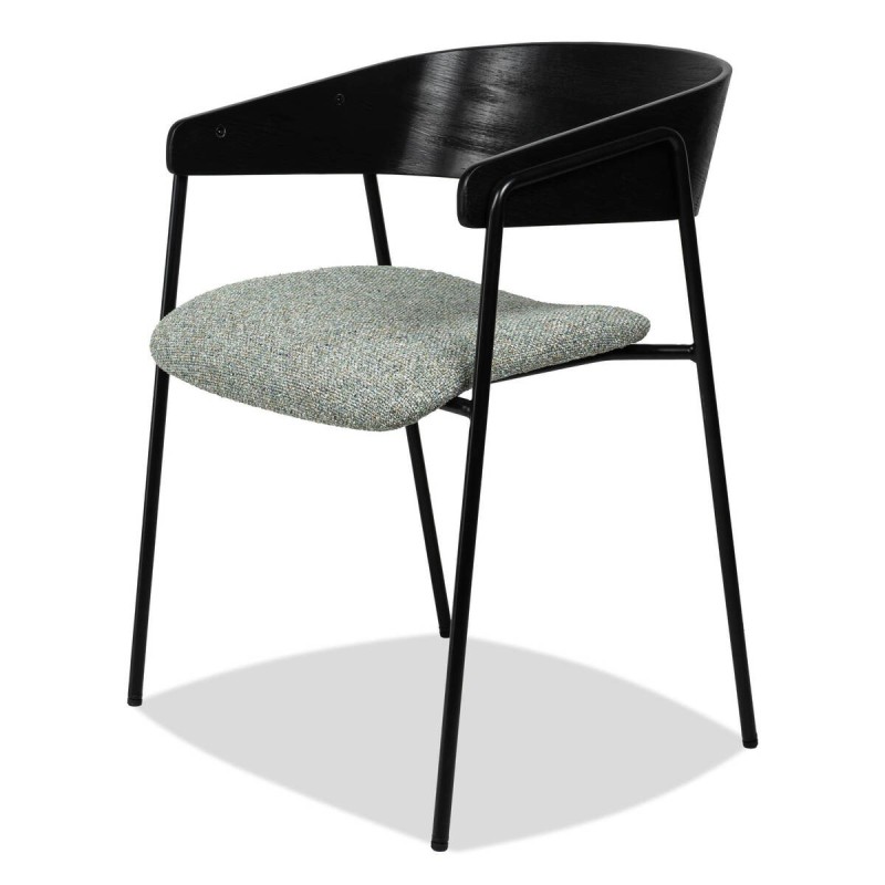 Silla de comedor Axil con respaldo envolvente en madera negra y tapizado verde