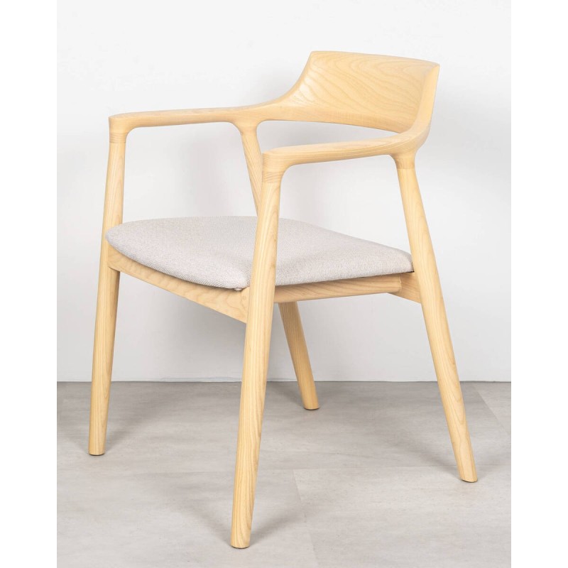 Silla de comedor Clara de fresno natural con asiento tapizado beige