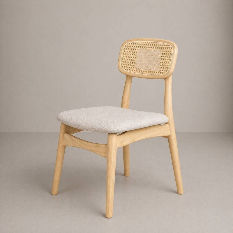 Silla de comedor fresno y ratán · asiento tapizado