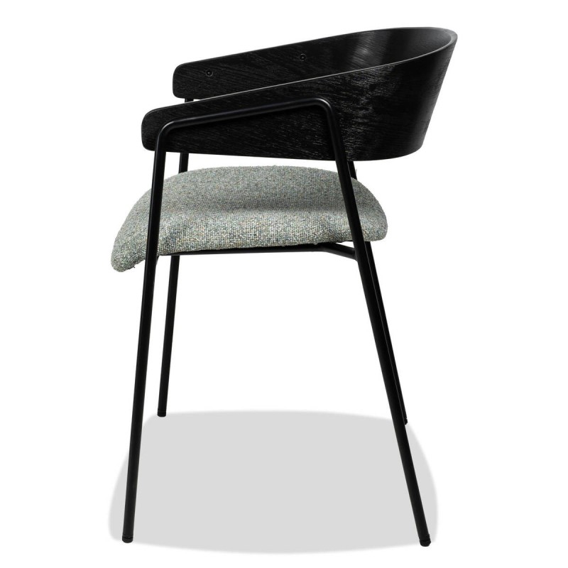 Silla de comedor Axil con respaldo envolvente en madera negra y tapizado verde