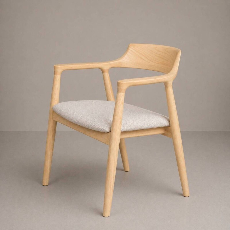 Silla de comedor Clara de fresno natural con asiento tapizado beige