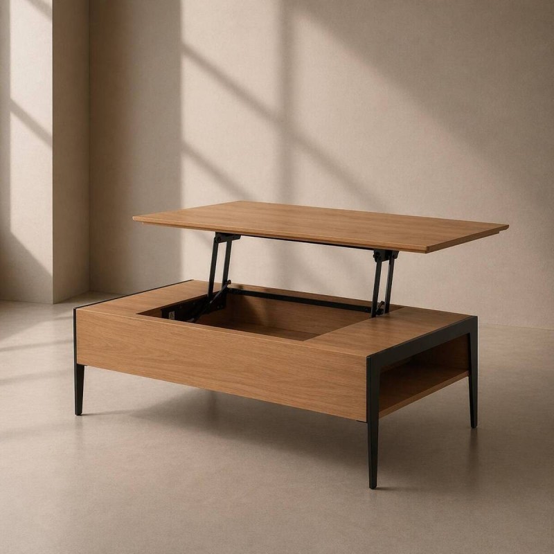 MESA DE CENTRO ELEVABLE ROBLE BLANCO - METAL GRIS OSCURO (120x60x38cm)