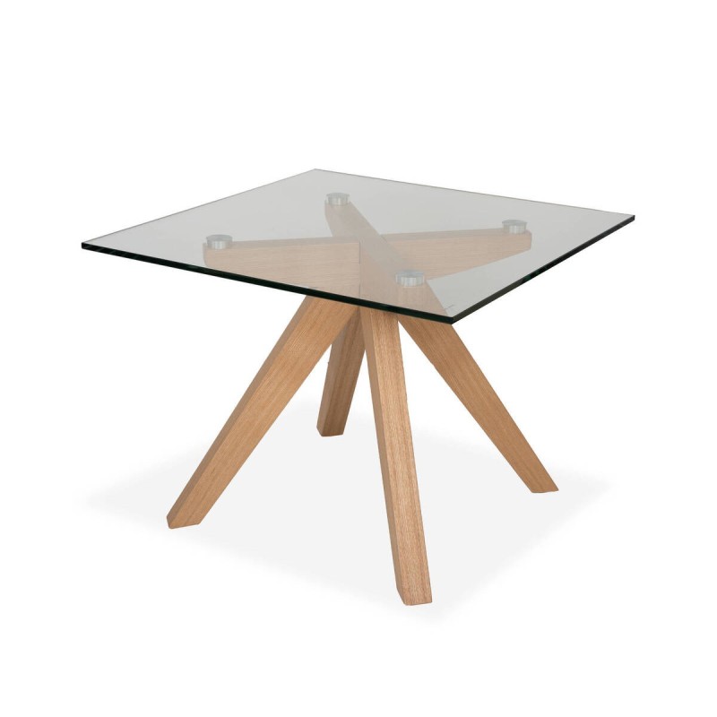 MESA AUXILIAR CRISTAL Y PATAS MADERA ROBLE NATURAL (60x60x45cm)