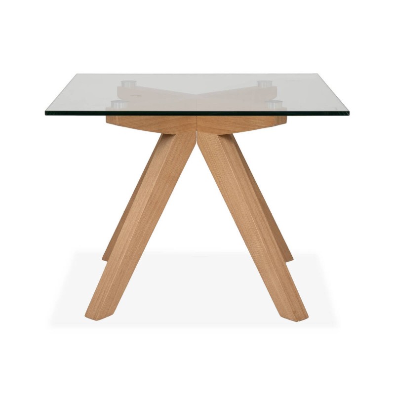 MESA AUXILIAR CRISTAL Y PATAS MADERA ROBLE NATURAL (60x60x45cm)