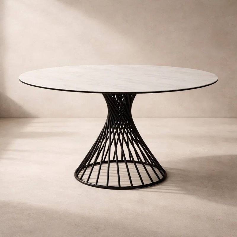 MESA COMEDOR REDONDA TAPA CERÁMICA MÁRMOL – BASE HIERRO NEGRO (120x76cm)