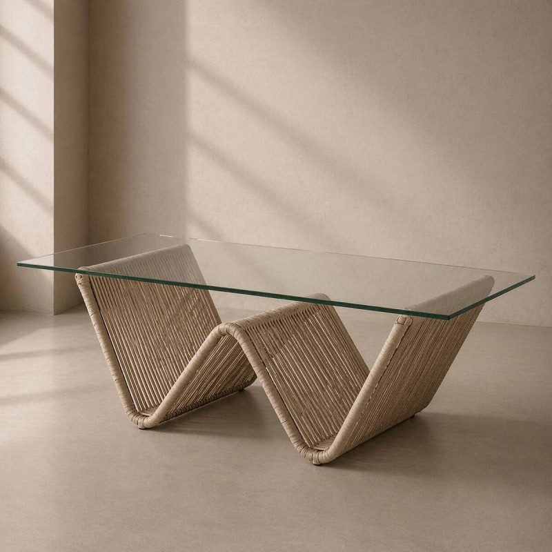 MESA DE CENTRO EXTERIOR CUERDA TRENZADA COLOR ARENA - CRISTAL TEMPLADO (130x70x42,5cm)