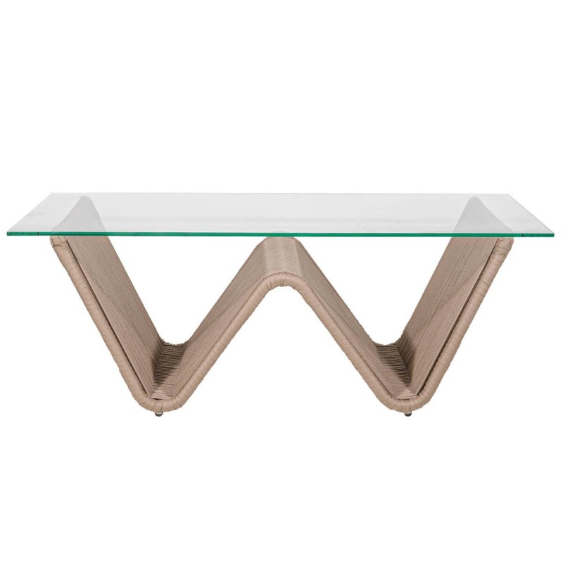 MESA DE CENTRO EXTERIOR CUERDA TRENZADA COLOR ARENA - CRISTAL TEMPLADO (130x70x42,5cm)