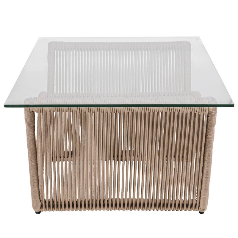 MESA DE CENTRO EXTERIOR CUERDA TRENZADA COLOR ARENA - CRISTAL TEMPLADO (130x70x42,5cm)