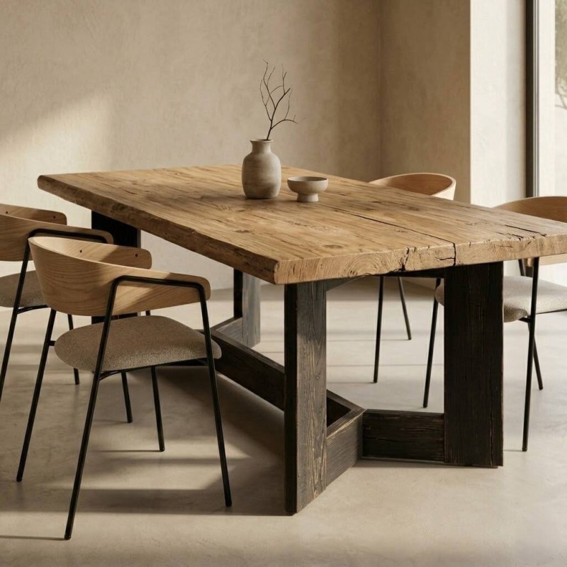 MESA DE COMEDOR RECTANGULAR MADERA DE PINO RECICLADO - PATAS MADERA NEGRA (220x100x76cm)