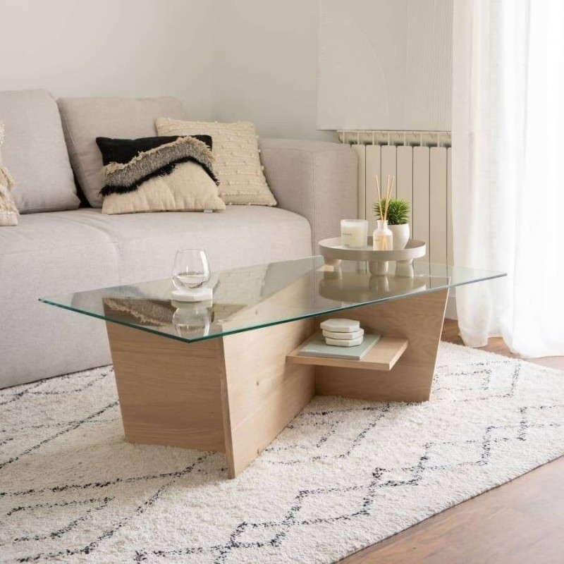 Mesa centro Balwind cristal y base de madera 110 x 60 cm