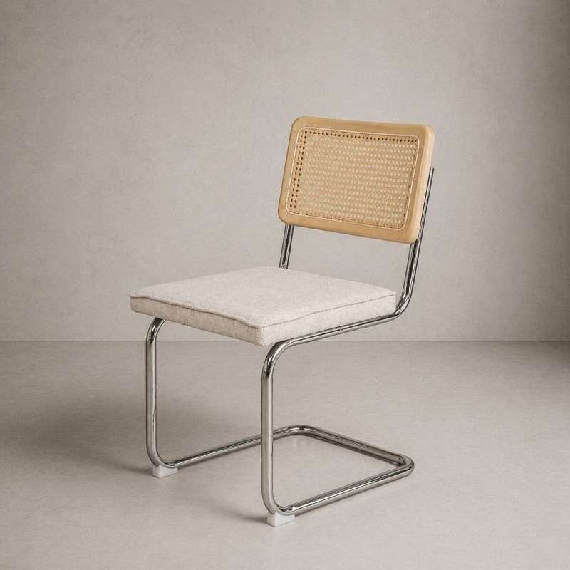 Silla de comedor Nilo en fresno con respaldo de ratán y asiento tapizado