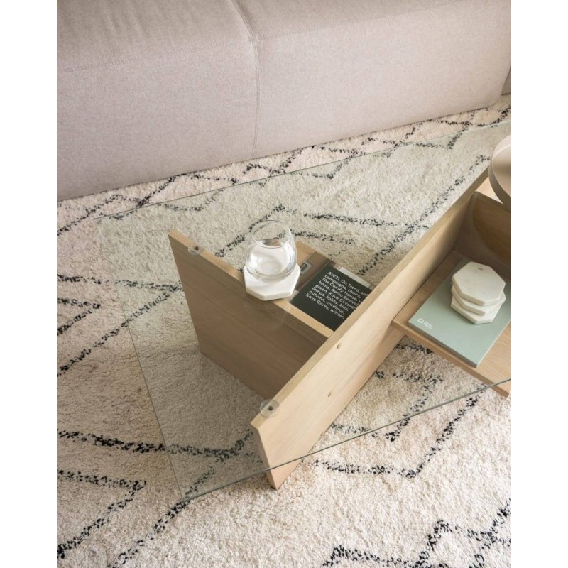 Mesa centro Balwind cristal y base de madera 110 x 60 cm