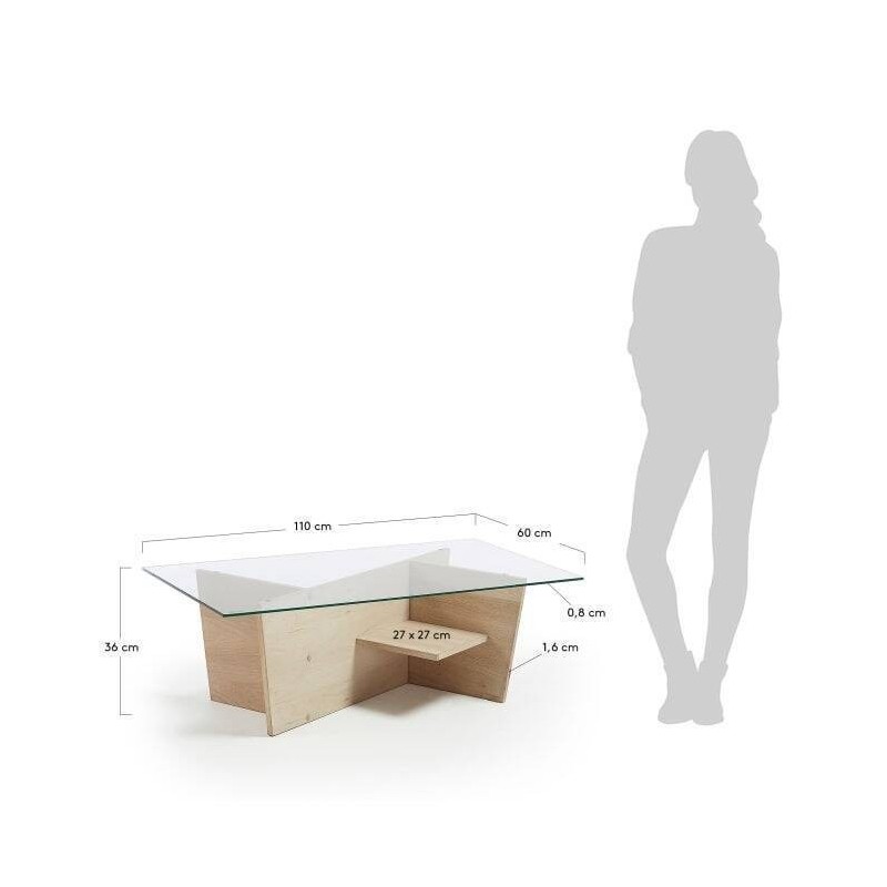 Mesa centro Balwind cristal y base de madera 110 x 60 cm