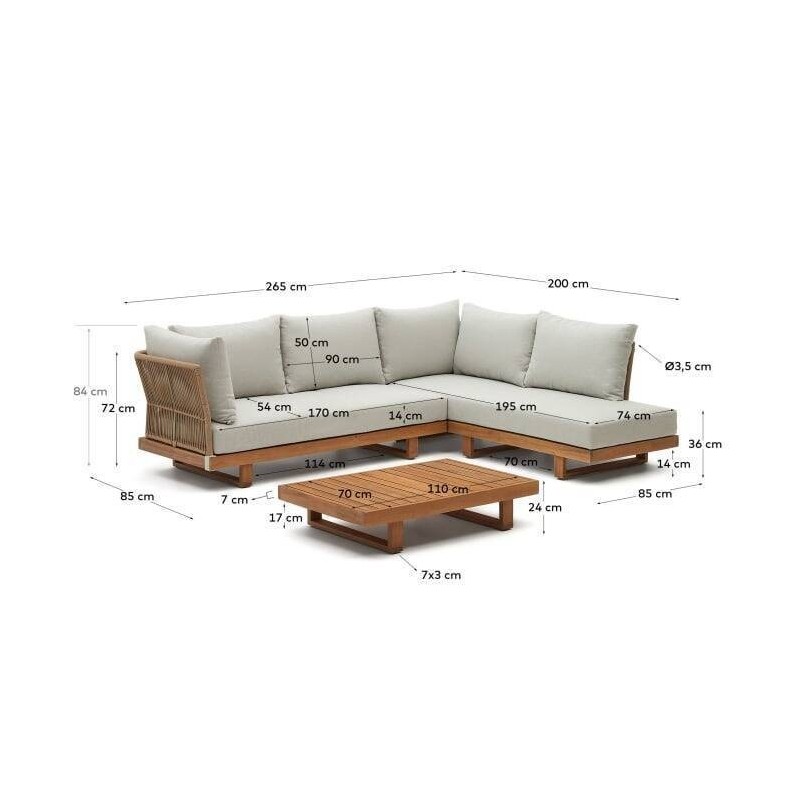 Set raco de sofá rinconero 5 plazas y mesa de centro de acacia