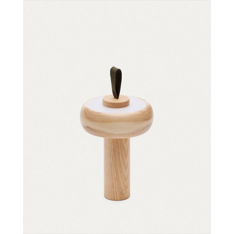 Lámpara de mesa portátil luba de madera de fresno y asa de algodón verde 17x30cm