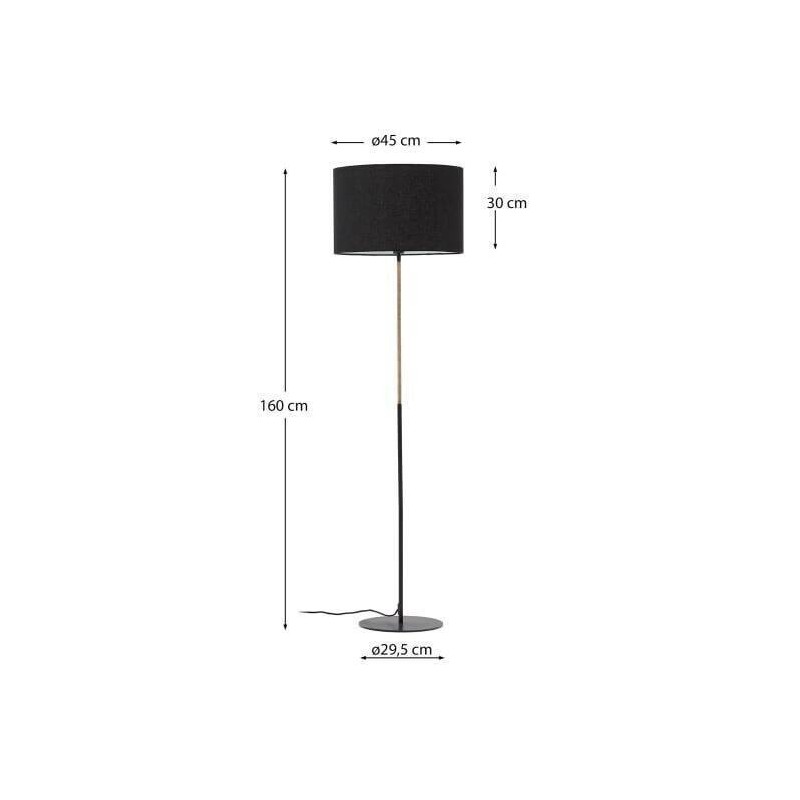 Lámpara de pie canar de metal y ratán con pantalla de algodón negro 45x160cm
