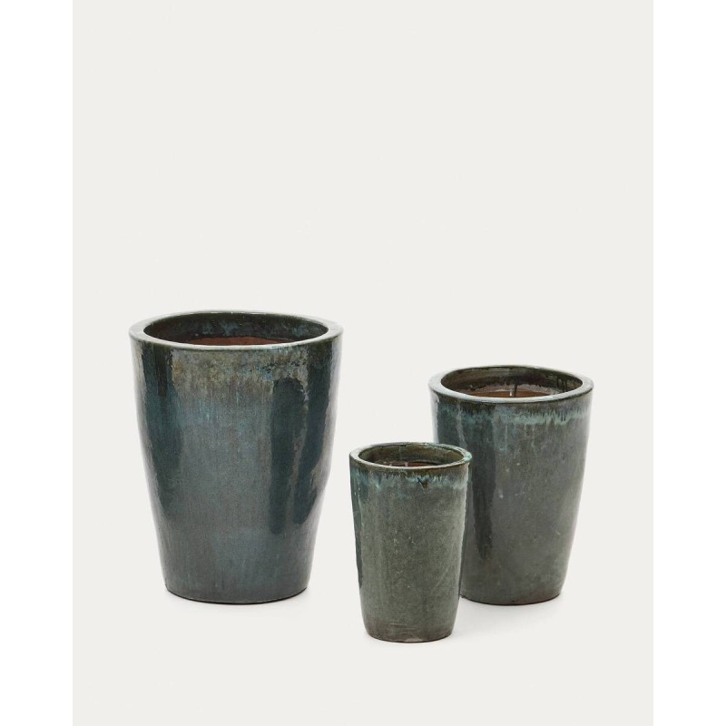 Set rotja de 3 maceteros de terracota con acabado azul glaseado