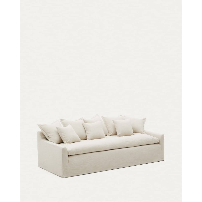 Sofá desenfundable Zenira 3 plazas con cojines de algodón y lino beige 230 cm