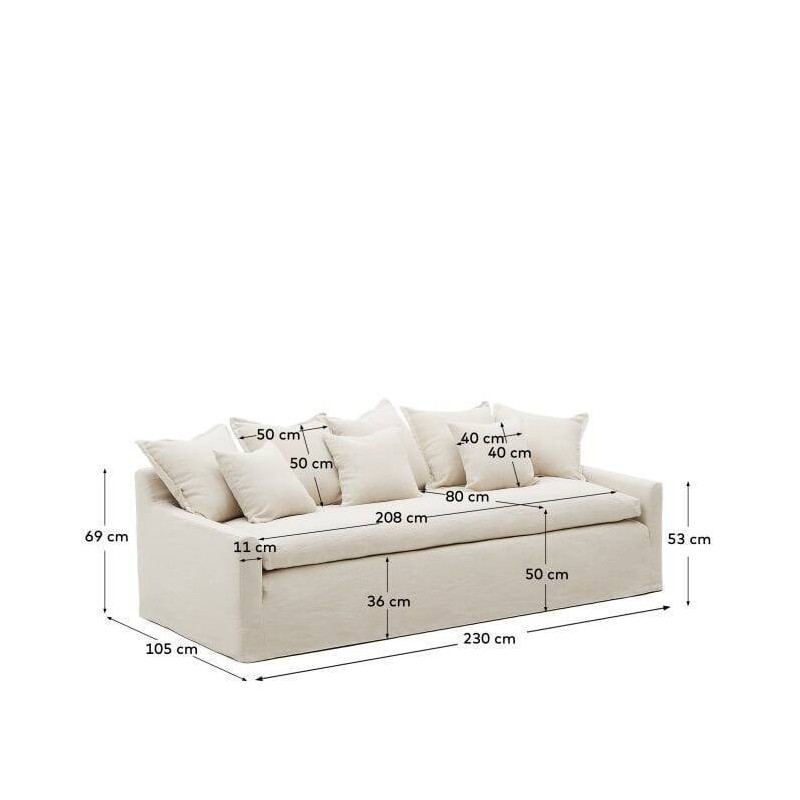Sofá desenfundable Zenira 3 plazas con cojines de algodón y lino beige 230 cm