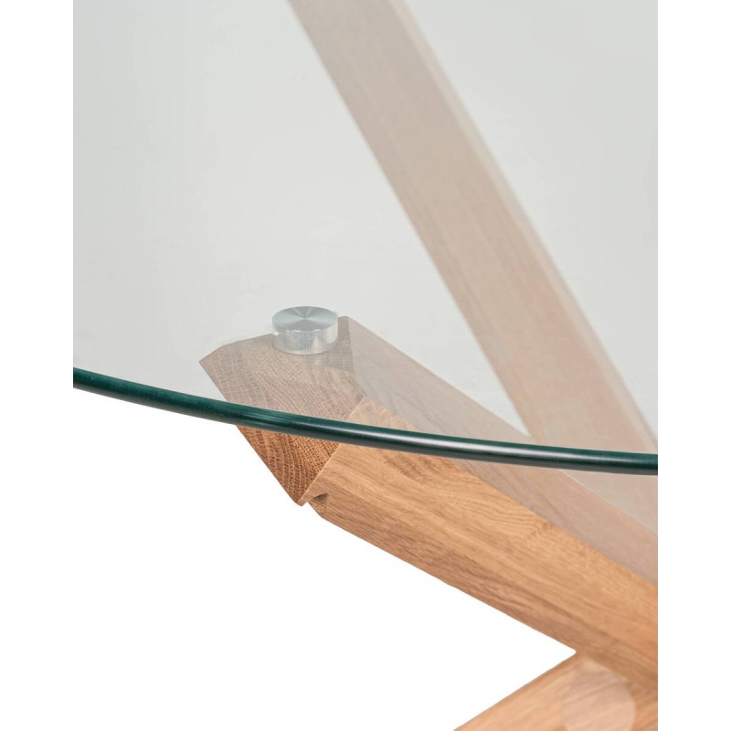 Mesa de comedor Vetra redonda de tapa de cristal y patas cruzadas de roble 120x75cm