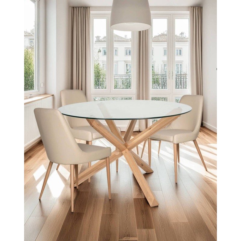 Mesa de comedor Vetra redonda de tapa de cristal y patas cruzadas de roble 120x75cm