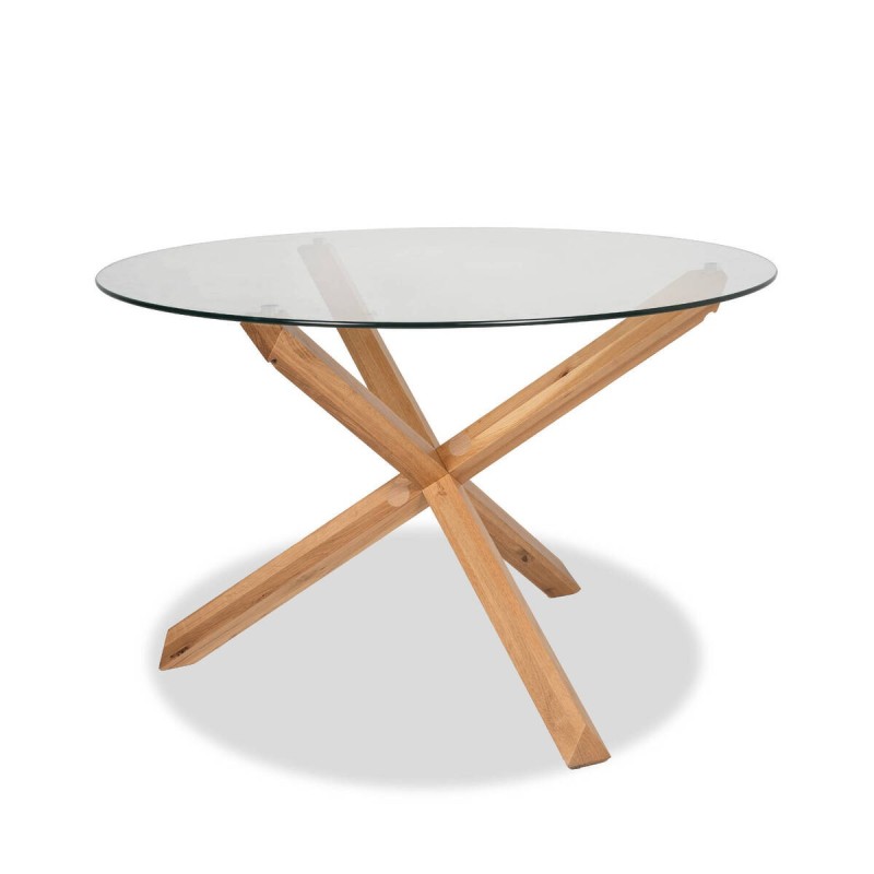 Mesa de comedor Vetra redonda de tapa de cristal y patas cruzadas de roble 120x75cm