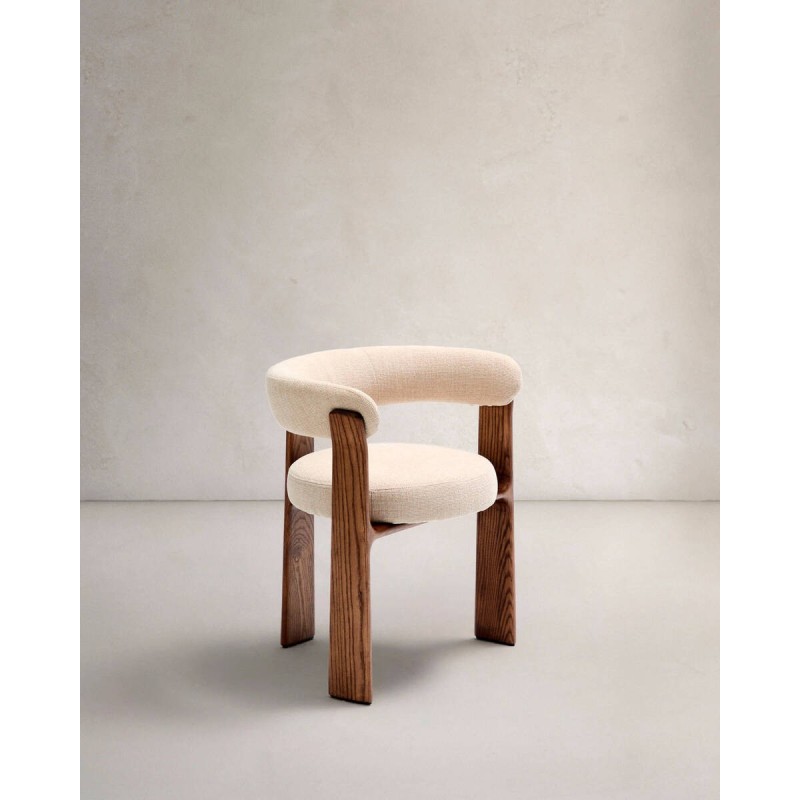 SILLA GRANITE DE 3 PATAS DE CHENILLA BEIGE Y MADERA DE FRESNO ACABADO NOGAL 61x53x73cm