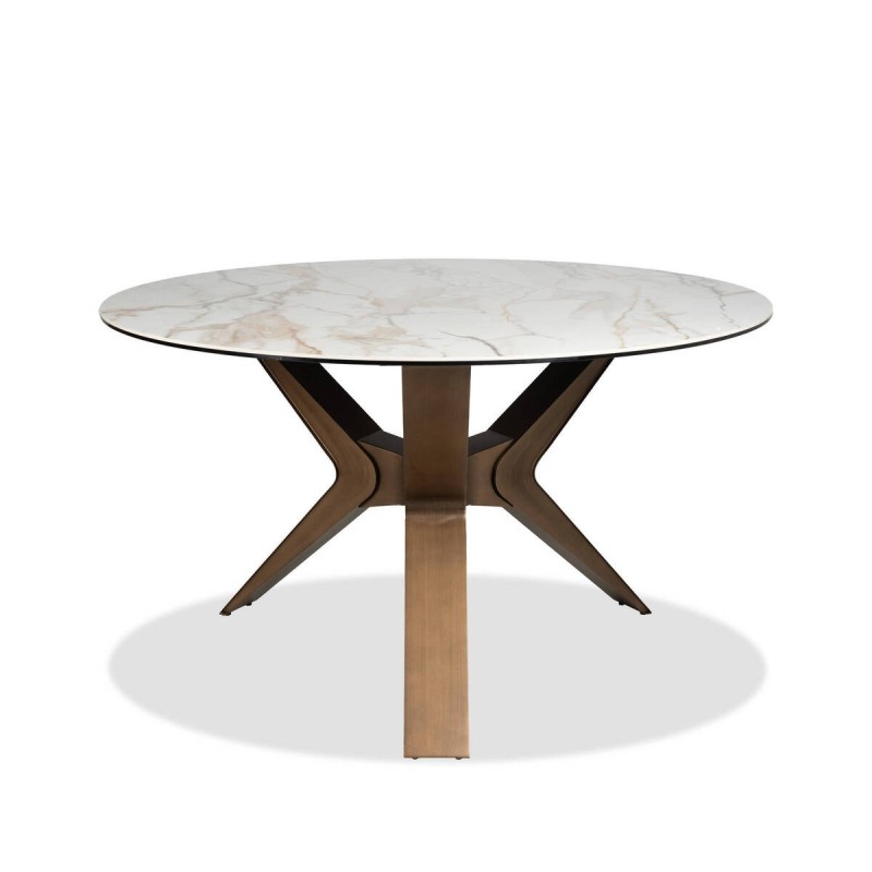 Mesa de comedor redonda Marla con base de bronce y tapa de cerámica blanca 135cm