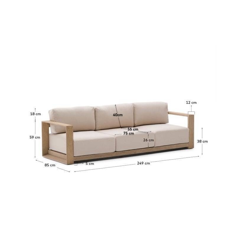 Sofá ambra de 3 plazas de madera maciza de acacia con acabado claro 249 cm