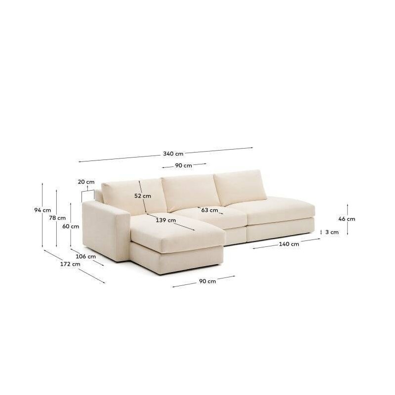Sofá modular desenfundable Alea 5 plazas chenilla chaise longue izquierdo crudo 340 cm