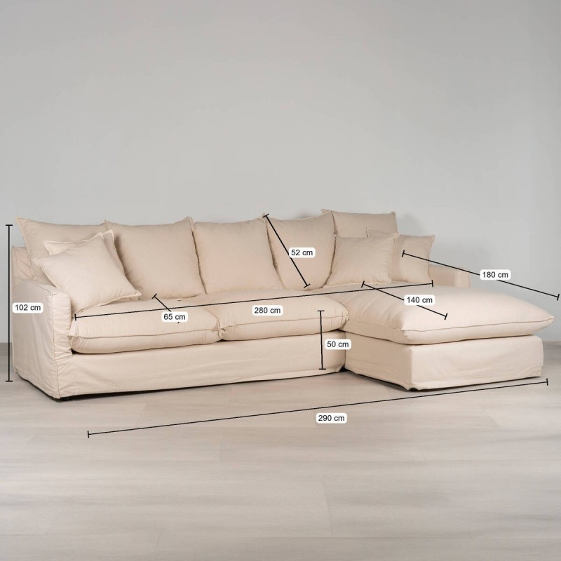 Sofá Avola con Chaise Longue derecha 290 cm Lino y Algodón Beige