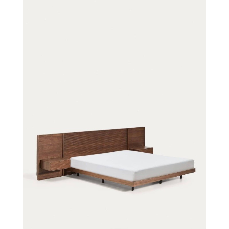 Cama Norlen con 2 mesitas de noche de chapa de nogal con acabado oscuro y luz LED para colchón de 180 x 200 cm FSC Mix Credit