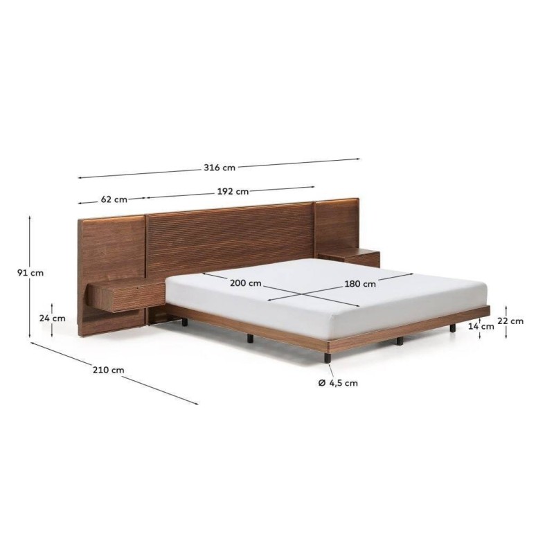 Cama Norlen con 2 mesitas de noche de chapa de nogal con acabado oscuro y luz LED para colchón de 180 x 200 cm FSC Mix Credit