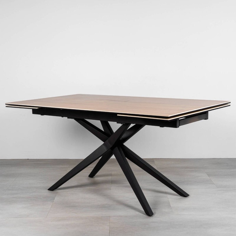 Mesa Talos extensible cerámica efecto madera apertura lateral y patas cruzadas 160/240cm